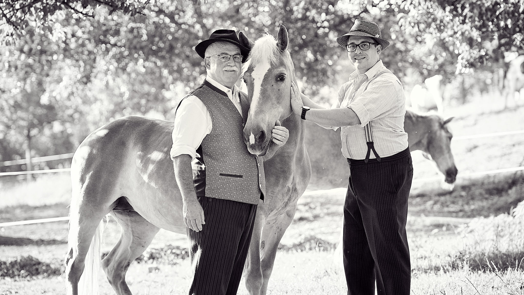 Fotoportrait Christian und Simon Eder am Wachingerhof Christian Eder und Simon Eder mit Pferd in Ihrem Obstgarten.