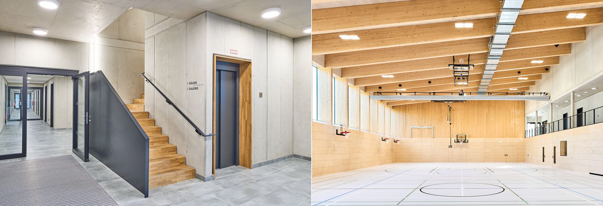 Architekturfotografie: Eingangsbereich der Prientalhalle in Aschau und Blick in die große Sporthalle.