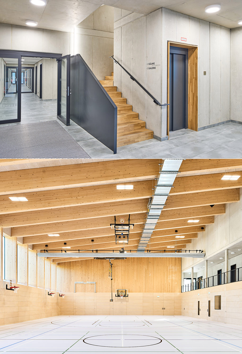 Architekturfotografie: Eingangsbereich der Prientalhalle in Aschau und Blick in die große Sporthalle.