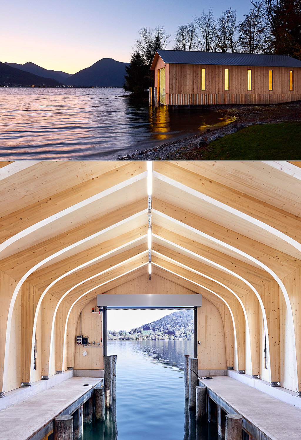 Bootshaus am Tegernsee bei Sonnenuntergang mit Blick auf Berge.