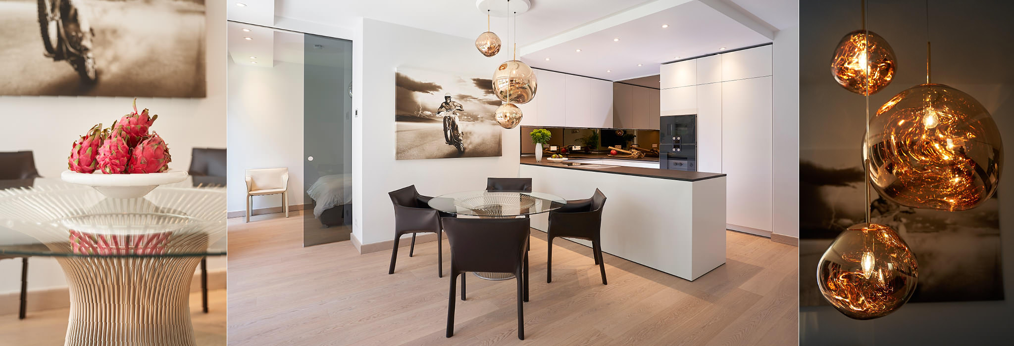 Interiorfotografie: moderner Essbereich und Kücheninsel.
