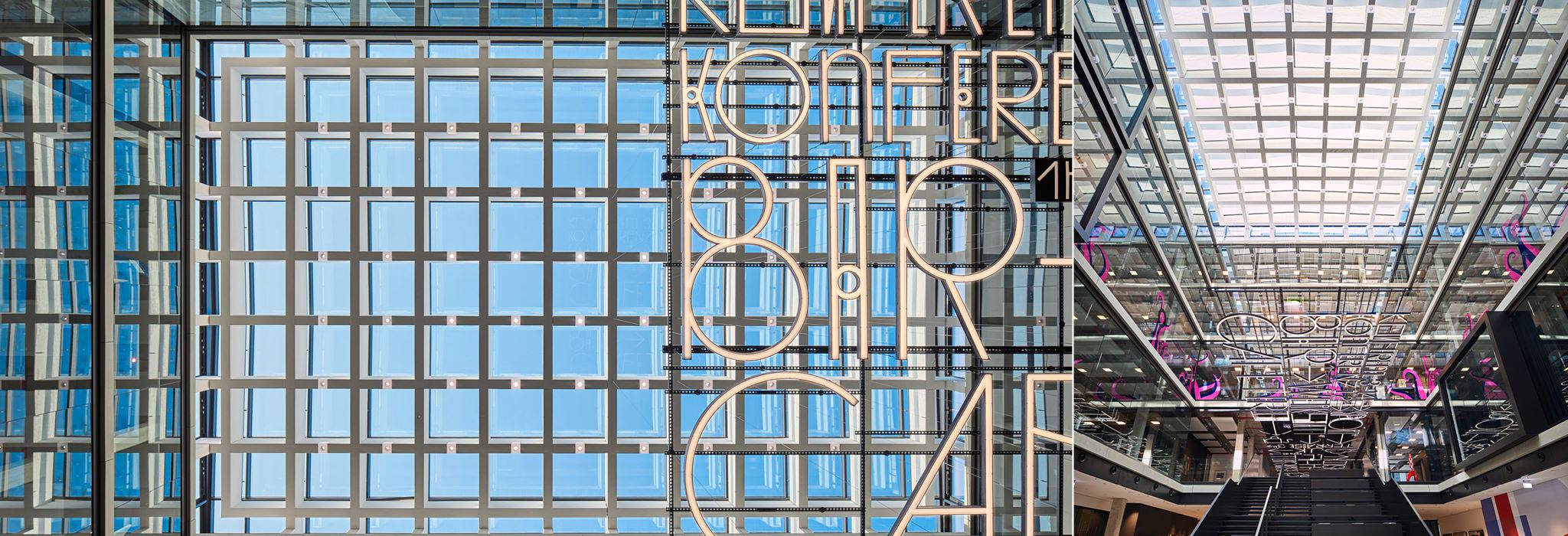 Architekturfotografie: Atriumdach aus Holzbindern (Holz-Gitter-Konstruktion) am iCampus im Werksviertel München.