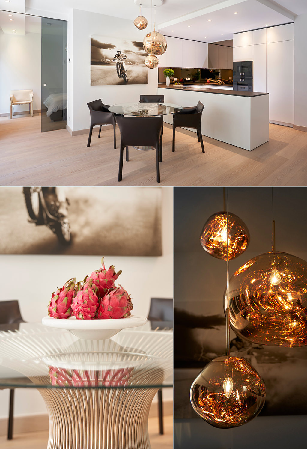 Interiorfotografie: moderner Essbereich und Kücheninsel.
